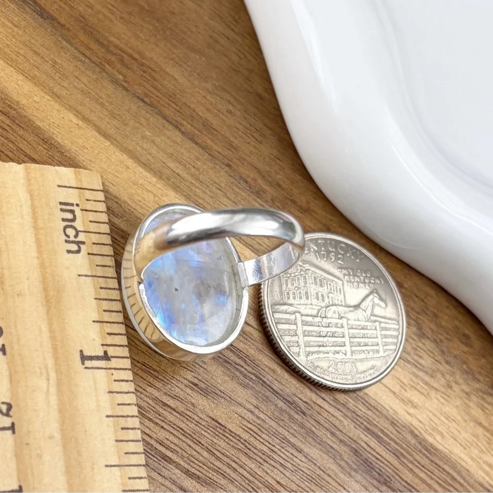 Rainbow Moonstone Gemstone Ring Size 8 1/2 8.5 Pure Sterling Silver 925 Boho New